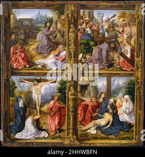 Vier Szenen aus dem Passionsnachfolger von Bernard van Orley Niederlandisches Diese Tafel war wahrscheinlich das Herzstück eines kleinen Triptychons, das seinem Besitzer bei der empathischen Erfahrung der Passion Christi helfen sollte. In vier fein gemalten Miniaturszenen sind die Qual im Garten Gethsemane, Christus, der das Kreuz trägt, die Kreuzigung und das Klagelied dargestellt. In diesem dicht verzierten Werk umrahmen aufwendige fiktive Rahmen mit Statuen alttestamentlichen Propheten in gotischen Nischen die erzählerischen Episoden, die den Gemälden von Bernard van Orley nahe stehen. Die Posen und Gesten Stockfoto