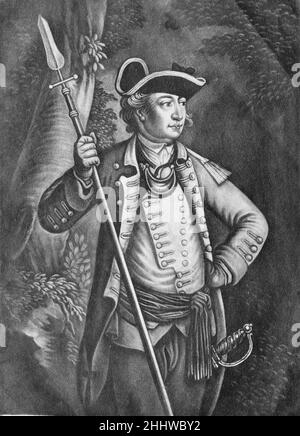 Generalmajor John Sullivan 22. August 1776 Anonymous, British, 18th Century British Sullivan, der Sohn irischer Einwanderer, wurde zum Kontinentalkongress gewählt, diente während der amerikanischen Revolution als Generalmajor in der kontinentalen Armee und wurde später Gouverneur von New Hampshire. Dieses Mezzotinta-Porträt, das kurz nach der Unabhängigkeitserklärung in London veröffentlicht wurde, zeigt ihn mit einem Sponton (oder einem halben Hecht) und einem Schwert. Generalmajor John Sullivan 363853 Stockfoto