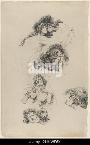 Studien von Lovers Embracing (recto) and A Suppliant Figure (verso) 1779 James Jefferys Britische Zeichnungen von Jefferys wurden lange Zeit Zeitgenossen wie James Barry oder John Hamilton Mortimer zugeschrieben. Nach der Entdeckung eines signierten Werks von Jefferys in einer englischen Bibliothek im Jahr 1970s, das ein klares Beispiel für den Stil des Künstlers lieferte, wird er jetzt als Hauptbeitragender des „Master of the Giants Album“, einer verstreuten Gruppe, zu der dieses Blatt gehört, anerkannt. Jefferys kontrollierter, expressiver Stil zeigt Bewunderung für italienische Manieristen wie Bacio Bandinelli, den er stu Stockfoto