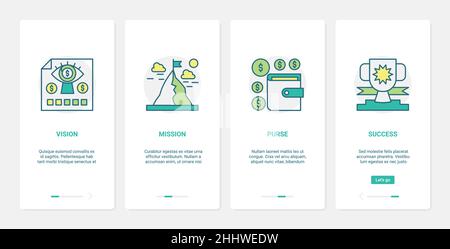 Abbildung des Geschäftsvektors „Finanzen“. UX, UI Onboarding mobile App Seite Bildschirm mit Linie Finanzmanagement abstrakte Technologie succe gesetzt Stock Vektor
