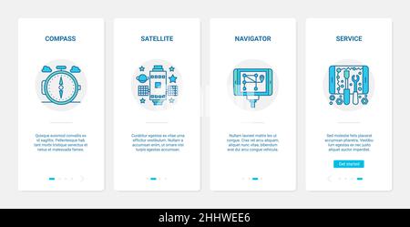 Vektordarstellung der GPS-Navigationsservice-Technologie. UX, UI Onboarding mobile App Seite Bildschirm mit Zeile Geocaching Reise Abenteuer Ausrüstung gesetzt Stock Vektor