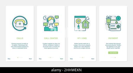 Online-Commerce, Call-Center-Kundendienst Vektor-Illustration. UX, UI Onboarding Mobile App Seite Bildschirm mit Zeile Buchung Symbol gesetzt, Zahlung an b Stock Vektor