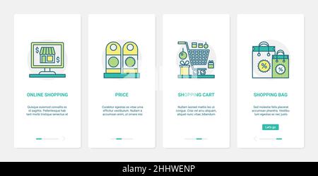 Online-Handel, Internet-Shop Technologie Vektor Illustration. UX, UI Onboarding mobile App Seite Bildschirm mit Linie Shopping Bag und Warenkorb von super Stock Vektor