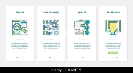 Online-Handel, Shopping-Vektor-Illustration. UX, UI Onboarding Mobile App Page Screen set with line phone search, purchase and payment Protection, d Stock Vektor