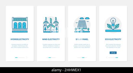 Vektor-Illustration für umweltverträgliche Ressourcentechnologie. UX, UI Onboarding mobile App Seite Bildschirm mit Linie Solarpanel gesetzt, Wind elektricit Stock Vektor