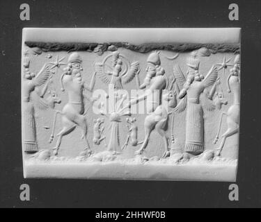 Zylinderdichtung mit kultischer Szene Ende des 9th.–7th. Jahrhunderts v. Chr. assyro-babylonisch. Zylinderdichtung mit kultischer Szene. Assyro-Babylonisch. Ende 9th–7th Jahrhundert v. Chr.. Fehlerhaftes neutrales Chalcedon (Quarz). Neo-Assyrisch / Neo-Babylonisch. Nordmesopotamien Stockfoto