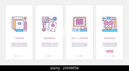 Online-Kurs, Fernunterricht Technologie Vektor Illustration. UX, UI Onboarding Mobile App Seite Bildschirm mit Linie lernen und Training mit Web Stock Vektor