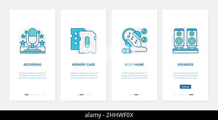 Elektronische Geräte für die Wiedergabe von Musik Sound Vektor Illustration. UX, UI Onboarding mobile App Seite Bildschirm mit Line-Mikrofon Kopfhörer Stock Vektor