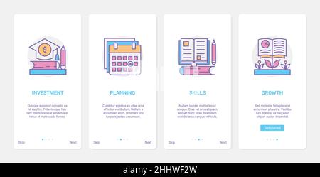 Investition in Bildung Vektordarstellung. UX, UI Onboarding mobile App Seite Bildschirm mit Linie Geld in Wachstum von Fähigkeiten investieren, Studium trai Stock Vektor