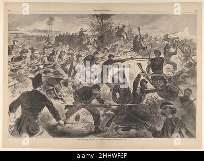The war for the Union, 1862 – Ein Bajonett-Angriff (aus 'Harper's Weekly', Vol. VII) 12. Juli 1862 nach Winslow Homer American im Sommer 1862 hat die Armee des Potomac einen Angriff auf Richmond, Virginia, durchgeführt, wurde aber abgestoßen. Diese dramatische Komposition, entworfen von Homer, einem Künstler-Korrespondenten für Harper’s Weekly, beschreibt die Kämpfe bei Fair Oaks – oder Seven Pines – am 31. Mai, als die Truppen der Union durch kurzfristige Verstärkungen gerettet wurden. Die dramatische Komposition ist eines der ehrgeizigsten Kriegsthemen von Homer und stellt Soldaten im Nahkampf dar, die zu einem Fieberfeld aufgehetzt werden. Der begleitende Text betonte Stockfoto