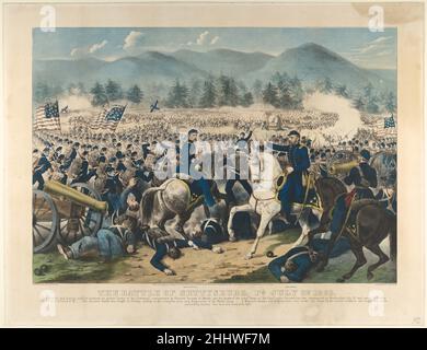 The Battle of Gettysburg, Pennsylvania, 3rd. Juli 1863 1863 Currier & Ives American der New Yorker Lithograph und Verleger Currier & Ives hat dieses Bild kurz nach der Schlacht von Gettysburg herausgegeben, um an den teuer gewonnenem Sieg der Union zu erinnern. Der Text unter dem Bild gibt den Ton an:dieser schreckliche und blutige Konflikt zwischen der tapferen Armee der Potomac, kommandiert von ihrem großen General George G. Meade, Und die Heerscharen der Rebellenarmee des Ostens unter General Lee, die am Mittwoch, den 1st. Juli, begonnen und am Freitag, den 3rd, um 5 Uhr beendet wurde – die entscheidende Schlacht wurde am Freitag ausgetragen und endete in der vollständigen r Stockfoto