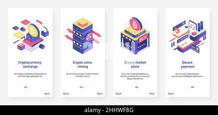 Isometrische Blockchain Krypto-Währung Austausch, Handel in der Börse Vektor-Illustration. UX, UI Onboarding mobile App Seite Bildschirm mit Cartoon 3d gesetzt Stock Vektor