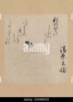 Der Dichter Kiyohara Motosuke, aus der „Tameshige Version“ von 36 poetischen Unmortals (Tameshige-bon Jidai fudō utawase emaki) 15th. Jahrhundert nicht identifizierter Künstler die Figur des Dichters wird einfach gerendert, in scharfem Kontrast zu der kühnen, durchsetzungsfähigen Kalligraphie, die den Raum darüber füllt. Er dreht seinen Kopf zu seinem Namen, der rechts in chinesischen Schriftzeichen eingeschrieben ist. Dieses Fragment stammt aus einer Handrolle der sechsunddreißig poetischen Unmantals (Sanjūrokkasen), die als „Tameshige Version“ bekannt ist, weil ihre Kalligraphie einst dem einflussreichen Dichter Nijō Tameshige (1334–1385) zugeschrieben wurde Stockfoto