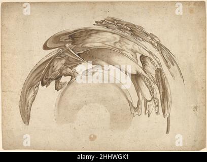 Soldat auf dem Pferderacken in katoptrischer Anamorphose (nach Hendrick Goltzius) ca. 1620–40 Jean François Niceron Französisch Dieses große, komplexe Design in fächerförmiger Form, mit einem halbrunden Rand in der Mitte, ist teaingly unentziferbar. Kürzlich entdeckt, ist es in der Tat eine faszinierende und extrem seltene Darstellung einer virtuosen Übung in katoptrischer Anamorphose. Die unverzerrte Bildquelle für das Bild ist Titus Manlius, ein Stich aus der Serie The Roman Heroes von Hendrick Goltzius (siehe die beiden Impressionen im Metropolitan Museum of Art Nr. 49.97.694 und 51.501.39).die PR Stockfoto