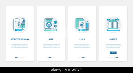 Rechtsschutz, Finanzsicherheit Konzept Vektor Illustration. UI, UX Onboarding mobile App Seite Bildschirm mit Linie Justiz und Gerichtsgebäude gebaut Stock Vektor
