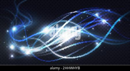 Abstrakt glänzend leuchtende blaue Wellen Linien, helle Lichteffekt Vektor-Illustration. Magische Neon wirbeln Spirale Spuren der fliegenden Bewegung, Bewegung glühend w Stock Vektor