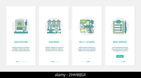 Beste Pflege Dienstleistungen für Auto Fahrzeug Vektor Illustration. UX, UI Onboarding Mobile App Page Screen Set mit Line Tankstelle, automatische Autowäsche Cleanin Stock Vektor