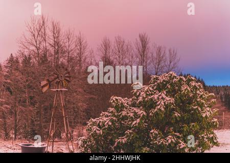 Rosafarbener Himmel nach Sonnenuntergang im Winter auf Windmühle ruhige Szene Stockfoto