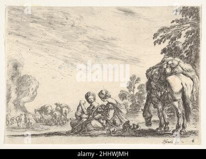 Tafel 6: Zwei Frauen, eine stillende ein Kind, neben einem Hund und einem Pferd sitzend, das ein Rudel trägt, Pferde und Figuren links im Hintergrund, aus "verschiedenen Figuren" (Agréable diversité de Figures) 1642 Stefano della Bella Italienisch. Tafel 6: Zwei Frauen, eine stillende ein Kind, neben einem Hund und einem Pferd sitzend, das ein Rudel trägt, Pferde und Figuren links im Hintergrund, aus "verschiedenen Figuren" (Agréable diversité de Figures) 409966 Stockfoto