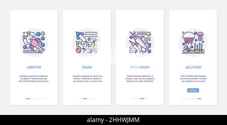 Meeresfrüchte köstliche Fisch Zutaten Vektor-Illustration. UX, UI Onboarding mobile App Seite Screen Set mit Linie Fisch Essen Restaurant-Menü mit Hummer Stock Vektor