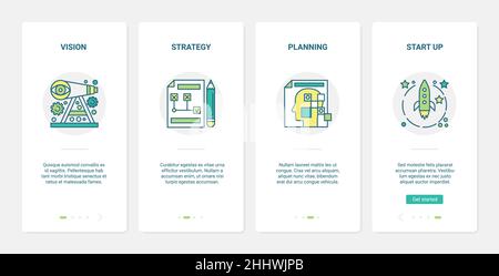 Abbildung des Vektorgrafikes Vision-Strategie-Startplanung. UX, UI Onboarding mobile App Seite Bildschirm mit Linien Symbole mit Beginn des neuen Business-Projekt gesetzt Stock Vektor