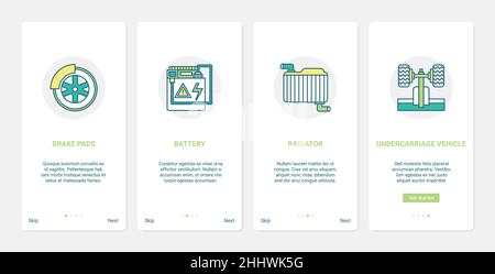 Kfz-Kfz-Teile, Auto-Reparatur-Garage, Shop oder Service-Center Vektor-Illustration. UX, UI Onboarding Mobile App Page Screen Set mit Zeile A Stock Vektor