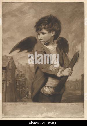 Cupid, in the Character of a Link Boy 1777 John Dean der britische Druck von Dean gibt ein Gemälde von Reynolds wieder, das einem bekannten Londoner Anblick gewidmet ist – Linkboys, die durch dunkle Straßen hellen Fußgängern bezahlt wurden, bevor die öffentliche Beleuchtung zur Allgemeinheit wurde. Einer der treuesten Mäzene Reynolds, John Frederick Sackville, 3rd Herzog von Dorset (1745–1799), kaufte das Gemälde 1774 von dem Künstler, es blieb dann in der Familie bis zum Ende des neunzehnten Jahrhunderts und befindet sich heute in der Albright-Knox Art Gallery, Buffalo. Dieser Eindruck gehörte einst dem britischen Maler Sir Thomas Lawrence (1769–1830) Stockfoto