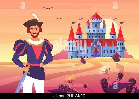 Prinz in mittelalterlicher Kleidung steht neben Fantasy-Schloss in märchenhaften Landschaft Vektor-Illustration. Cartoon glücklich junge Prinz Mann Charakter müde Stock Vektor