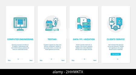 Test und Entwicklung von Business Customer Service Technologie Vektordarstellung. UX, UI Onboarding Mobile App Page Screen Set mit Line Test Daten Stock Vektor