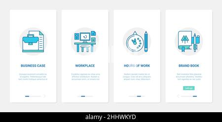 Vektorgrafik für den Arbeitsbereich des Geschäftsbüros und die Arbeitszeit. UX, UI Onboarding Mobile App Page Screen Set mit Line Workspace mit Aktenkoffer für Datei Stock Vektor