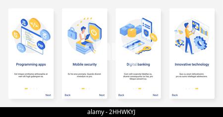 Sicherheit digitales Banking innovative Technologie isometrische Vektor Illustration. UX, UI Onboarding mobile App Seite Bildschirm mit 3D Innovationen in der Bank gesetzt Stock Vektor