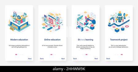 Moderne Online-Bildung, Fernunterricht Technologie isometrische Vektor-Illustration. UX, UI Onboarding Mobile App Page Screen Set mit 3D Lernmaterial Stock Vektor