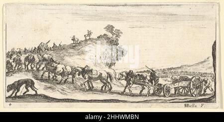 Tafel 4: Eine Prozession von Kanonen und Pferden, die nach links bergauf reiten, unten links ein Hund, von Dessins de quelques conduites de troupes ca. 1640 Stefano della Bella Italienisch. Tafel 4: Eine Prozession von Kanonen und Pferden, die nach links bergauf reiten, unten links ein Hund, von Dessins de quelques conduites de troupes 410850 Stockfoto