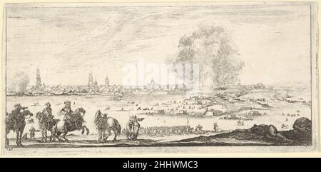 Tafel 11: Angriff auf eine Stadt, Reiter im Vordergrund, Rauchwolken und Stadtbild im Hintergrund, von 'Truppen, Kanonen und Angriffen auf Städte' (Dessins de quelques conduites de troupes, Canons, et ataques de villes) ca. 1640 Stefano della Bella Italienisch. Tafel 11: Angriff auf eine Stadt, Reiter im Vordergrund, Rauchwolken und Stadtbild im Hintergrund, von "Truppen, Kanonen und Angriffen auf Städte" (Dessins de quelques conduites de troupes, Canons, et ataques de villes) 410842 Stockfoto