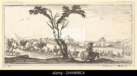 Tafel 5: Eine Prozession von Reitern, die einen Fluss überquerten, ein Baum in der Mitte, von 'Truppen, Kanonen und Angriffen auf Städte' (Dessins de quelques conduites de troupes, Canons, et ataques de villes) ca. 1640 Stefano della Bella Italienisch. Tafel 5: Eine Prozession von Reitern, die einen Fluss überquerten, ein Baum in der Mitte, von "Truppen, Kanonen und Angriffen auf Städte" (Dessins de quelques conduites de troupes, Canons, et ataques de villes) 410851 Stockfoto