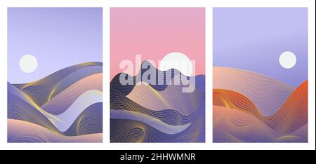 Abstrakte einfache blaue Wellen in minimalem Gradienten Natur Landschaft Vektor Illustration Set. Minimalistische gewellte Nachtlandschaft und purpurner Himmel im vertikalen Modus Stock Vektor