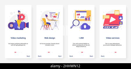 Digitales Videomarketing, smm-Service-Vektor-Illustration. UI, UX Onboarding Mobile App Page Screen Set mit Social Media Viral Video Content Research Stock Vektor
