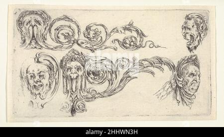 Tafel 4: Fünf groteske Köpfe, aus 'Friesen, Laub und Grotesken' (Frises, Feuillagen und Grotesken) ca. 1638–43 nach Stefano della Bella Italienisch. Tafel 4: Fünf groteske Köpfe, aus 'Friese, Laub und Grotesken' (Frises, Feuillages et Grotesques) 397812 Stockfoto