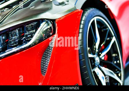 Close up Front headlights of red modify car Stockfoto