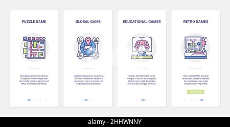 Video Bildung Spiele Vektor Illustration. UI, UX Onboarding mobile App Seite Bildschirm mit Linie Online-Multiplayer-Spiel, Gamer Joystick, retro Puzzl Stock Vektor