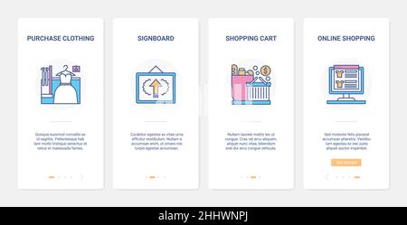 Online einkaufen moderne Internet-Technologie Vektor Illustration. UX, UI Onboarding mobile App Seite Bildschirm mit Linie Warenkorb von Supermarkt oder gesetzt Stock Vektor