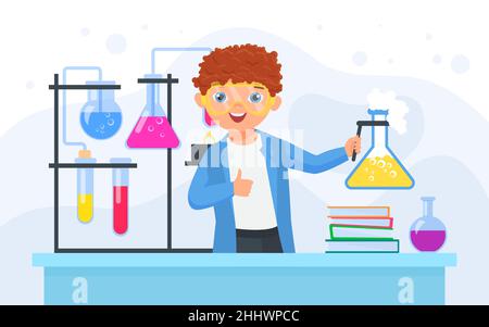 Kind Wissenschaftler und wissenschaftliche chemische Experiment Vektor Illustration. Cartoon glücklich Kind junge Chemiker Charakter hält Kolben im Labor, Chemie Stock Vektor