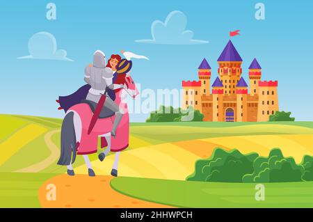 Prinz Ritter gerettet Prinzessin, Märchen Geschichte Vektor Illustration. Cartoon Märchen Landschaft mit Helden Krieger Charakter in Rüstung Reiten glücklich schön Stock Vektor