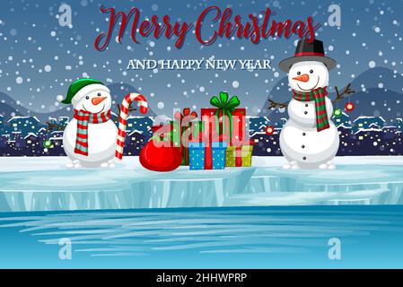 Frohe Weihnachten Poster mit verschneiten Nacht und lächelnde Schneemann Illustration Stock Vektor