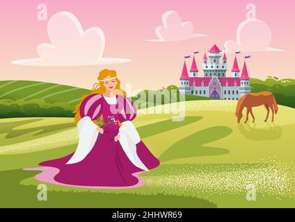 Schöne Prinzessin mit Blumen Vektor-Illustration. Cartoon glücklich lächelnde Prinzessin oder Dame Charakter hält Blumen, Wandern in Wiesenlandschaft nea Stock Vektor