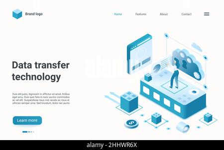 Datenübertragung, Management Internet-Technologie isometrische Vektor Illustration. Cartoon 3D Benutzer Charakter Hochladen digitaler Dokumente, Download und Manag Stock Vektor