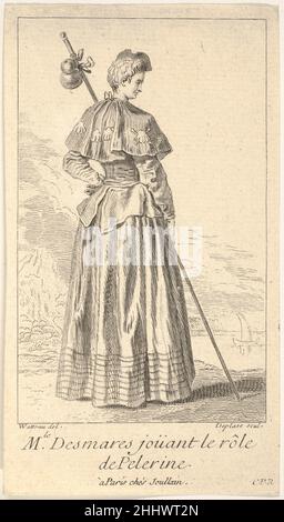 Schauspielerin Charlotte Desmares in der Rolle einer Pilgerin, von hinten dargestellt, mit nach rechts gedrehten Kopf, hält einen Gehstock, Jakobsmuscheln schmücken ihren Umhang ca. 1710–39 Louis Desplätze Französisch. Schauspielerin Charlotte Desmares in der Rolle einer Pilgerin, von hinten dargestellt, mit nach rechts gedrehten Kopf, hält einen Gehstock, Jakobsmuscheln schmücken ihren Cape 399564 Stockfoto