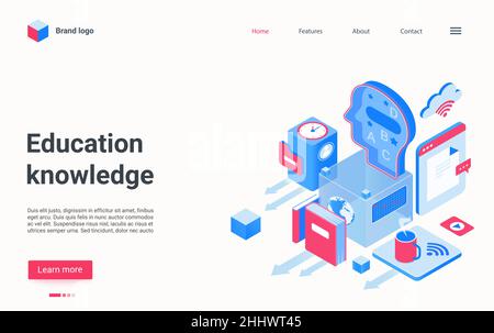 Bildung Wissen Technologie isometrische Vektor Illustration. Cartoon 3D abstrakter menschlicher Kopf mit Alphabet Bildungssymbolen, Büchern, Training und PR Stock Vektor