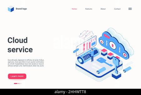 Illustration des isometrischen Vektorgrafiken für Cloud-Dienste. Cartoon 3D Internet-Hosting-Provider abstrakten Workflow-Prozess, Menschen arbeiten an der sicheren Datenspeicherung, Datenab Stock Vektor