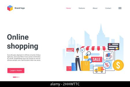Vektor-Illustration für Online-Shopping-Services. Cartoon Mann Kundenfigur mit Taschen Kauf über Smartphone auf den Verkauf im Online-Shop Store, digi Stock Vektor